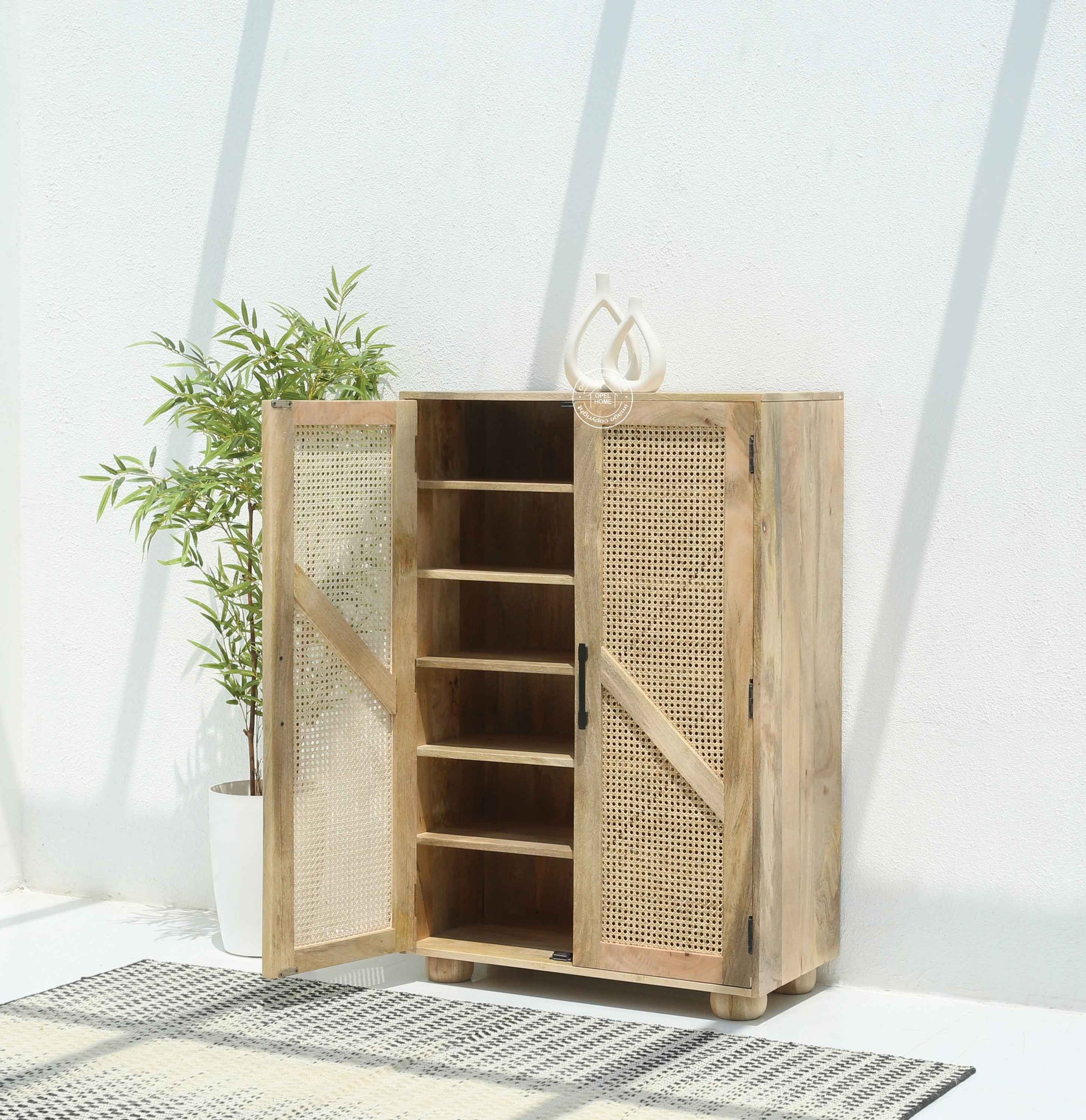 Elmora Rattan Shoe Rack – Solid Mango Wood, Natural Finish, Hallway Storage | Opelhome UAE