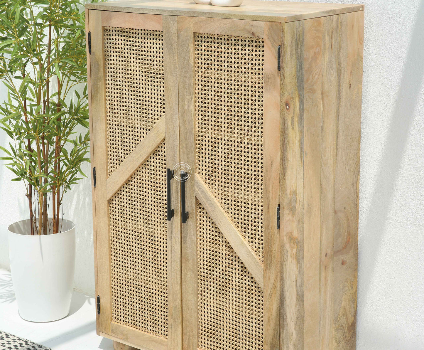 Elmora Rattan Shoe Rack – Solid Mango Wood, Natural Finish, Hallway Storage | Opelhome UAE