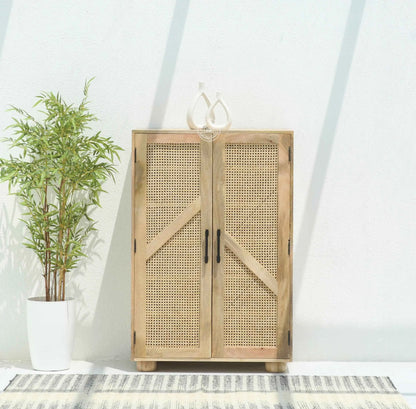 Elmora Rattan Shoe Rack – Solid Mango Wood, Natural Finish, Hallway Storage | Opelhome UAE