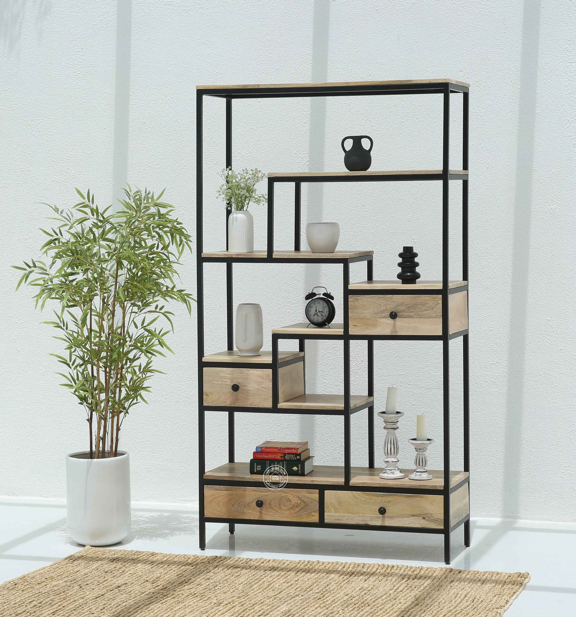 Elyra Industrial Wooden Shelf Unit with 4 Drawers – Solid Mango Wood & Iron | Opelhome UAE