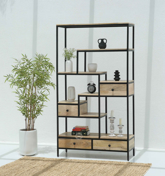 Elyra Industrial Wooden Shelf Unit with 4 Drawers – Solid Mango Wood & Iron | Opelhome UAE