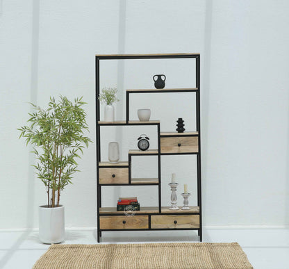 Elyra Industrial Wooden Shelf Unit with 4 Drawers – Solid Mango Wood & Iron | Opelhome UAE
