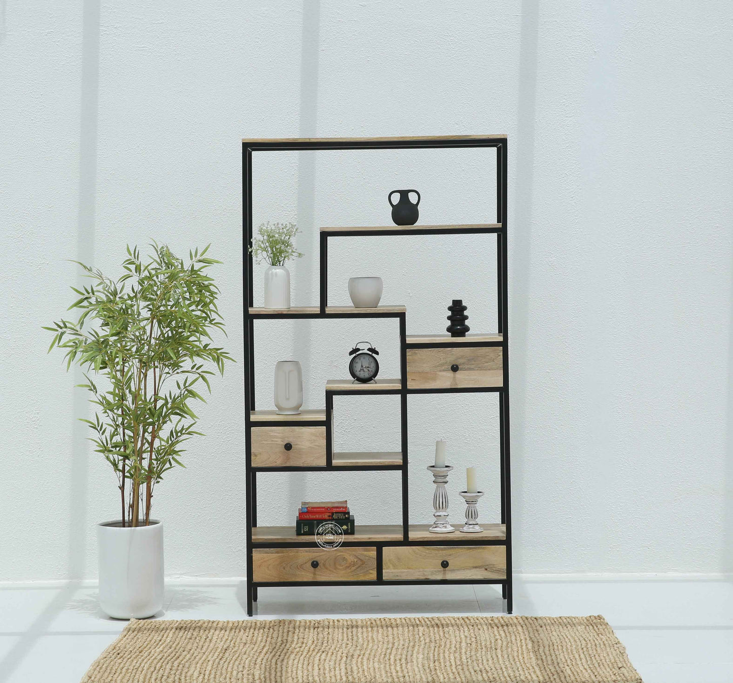 Elyra Industrial Wooden Shelf Unit with 4 Drawers – Solid Mango Wood & Iron | Opelhome UAE