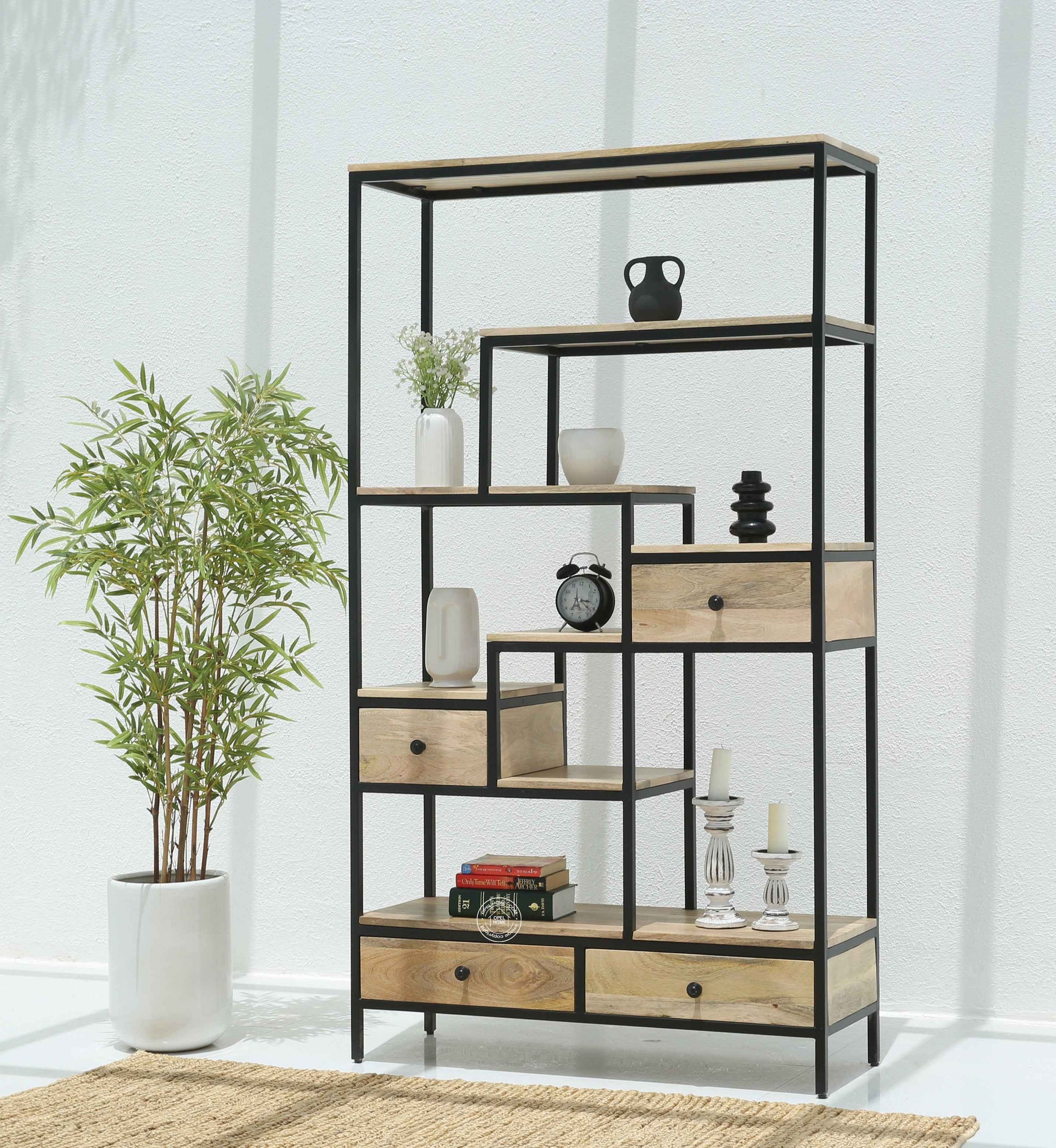 Elyra Industrial Wooden Shelf Unit with 4 Drawers – Solid Mango Wood & Iron | Opelhome UAE
