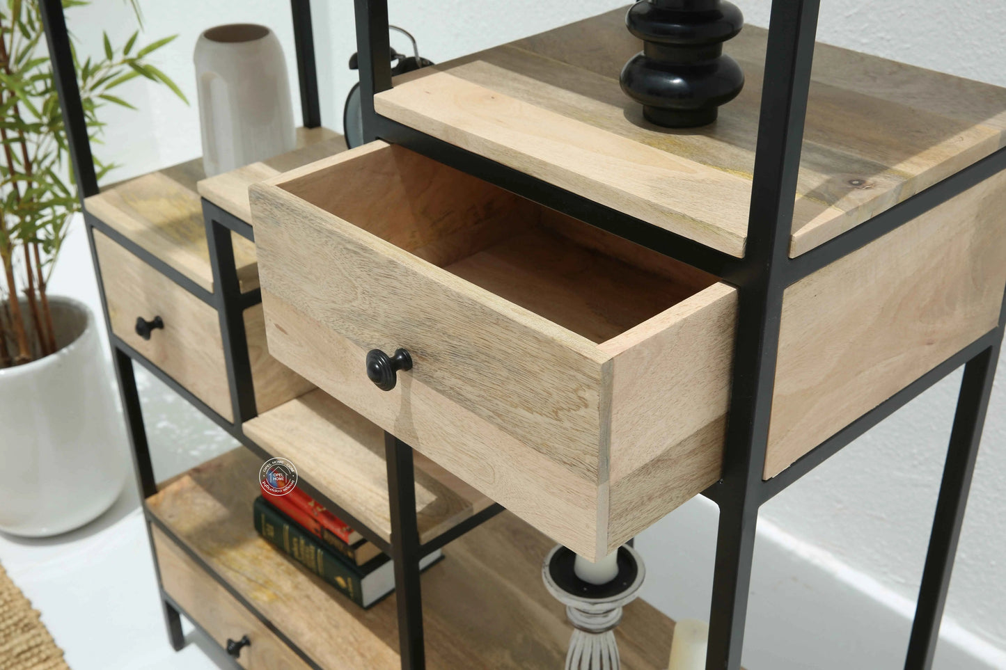 Elyra Industrial Wooden Shelf Unit with 4 Drawers – Solid Mango Wood & Iron | Opelhome UAE