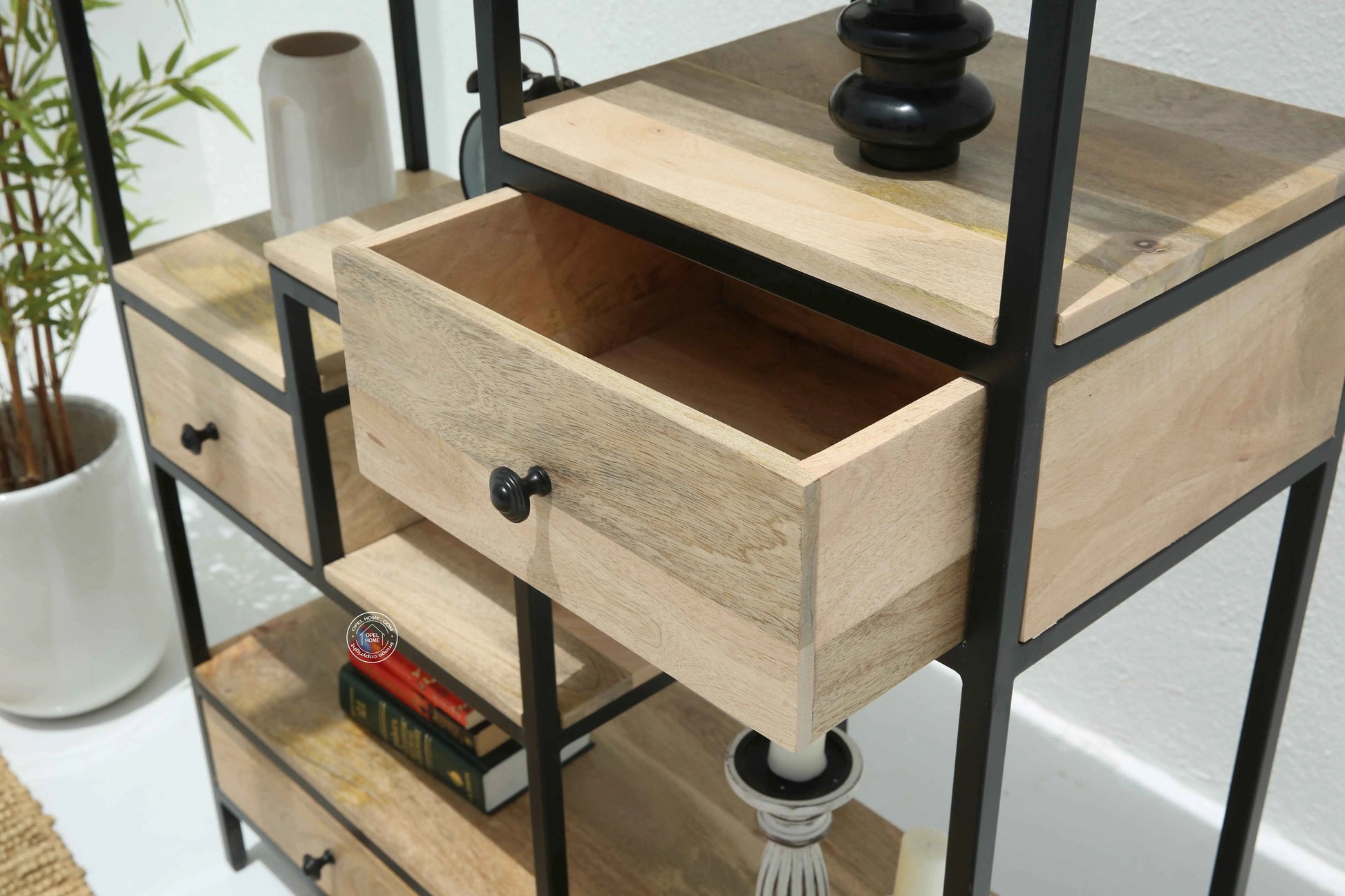 Elyra Industrial Wooden Shelf Unit with 4 Drawers – Solid Mango Wood & Iron | Opelhome UAE