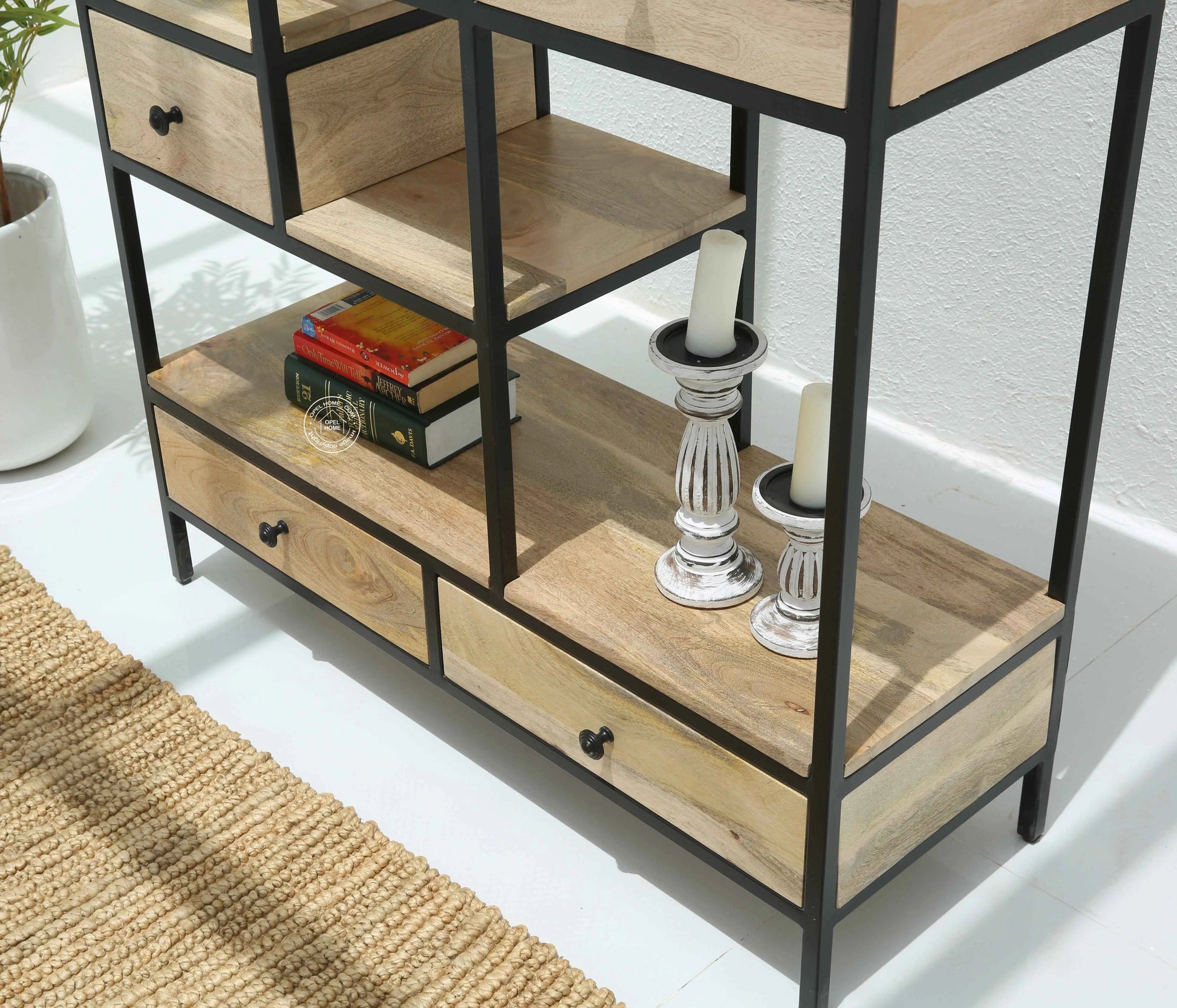 Elyra Industrial Wooden Shelf Unit with 4 Drawers – Solid Mango Wood & Iron | Opelhome UAE
