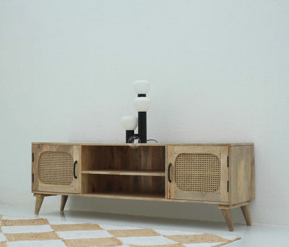 Emerson Rattan Doors TV Unit – Solid Mango Wood, Natural Finish, Media Console | Opelhome UAE