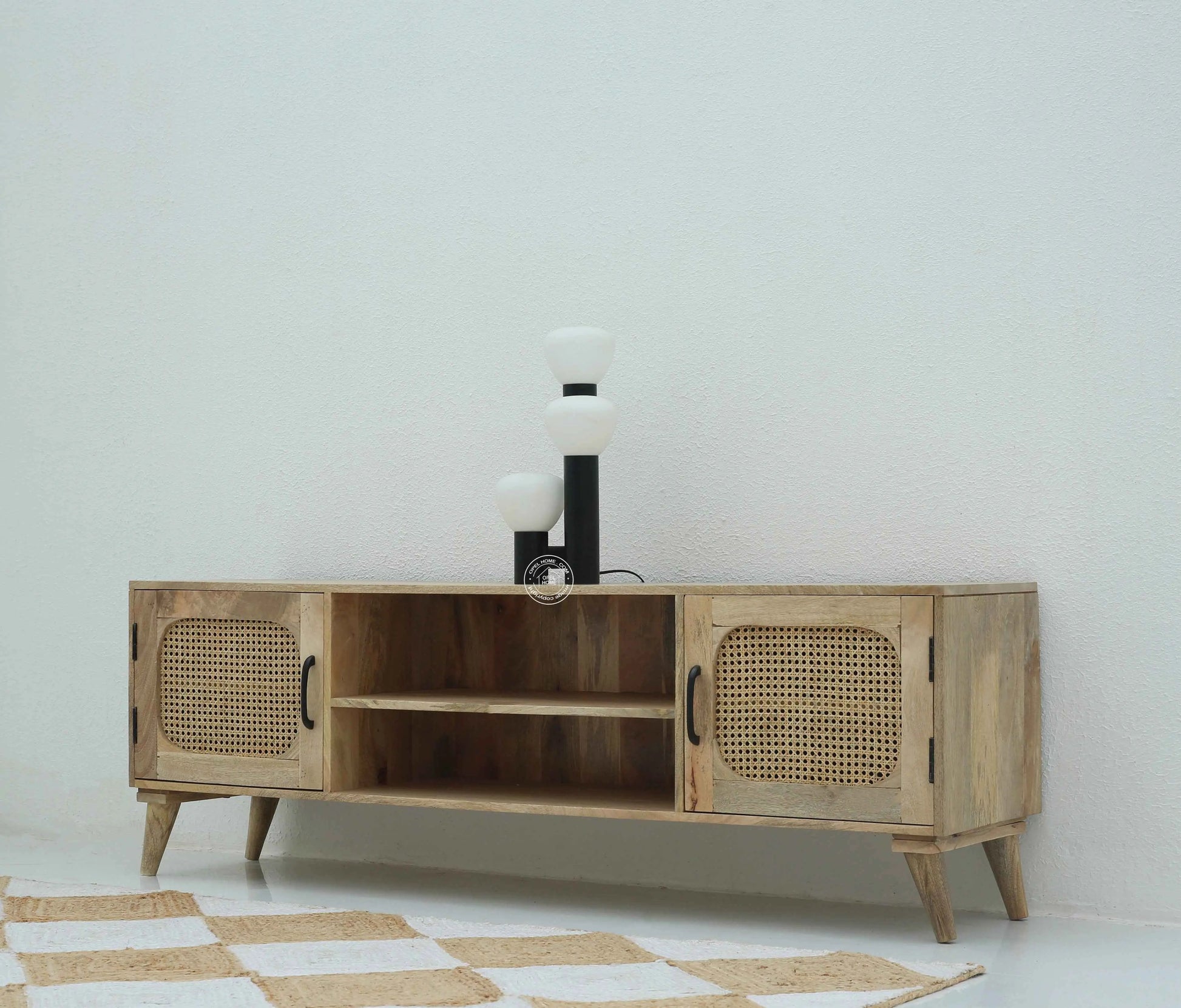 Emerson Rattan Doors TV Unit – Solid Mango Wood, Natural Finish, Media Console | Opelhome UAE