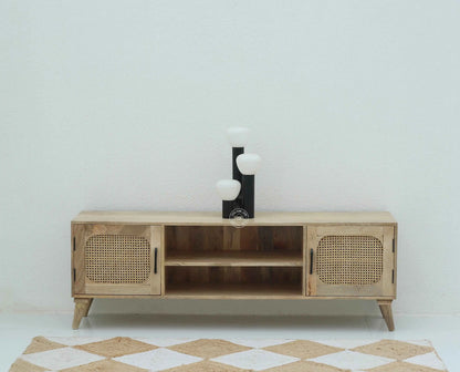 Emerson Rattan Doors TV Unit – Solid Mango Wood, Natural Finish, Media Console | Opelhome UAE