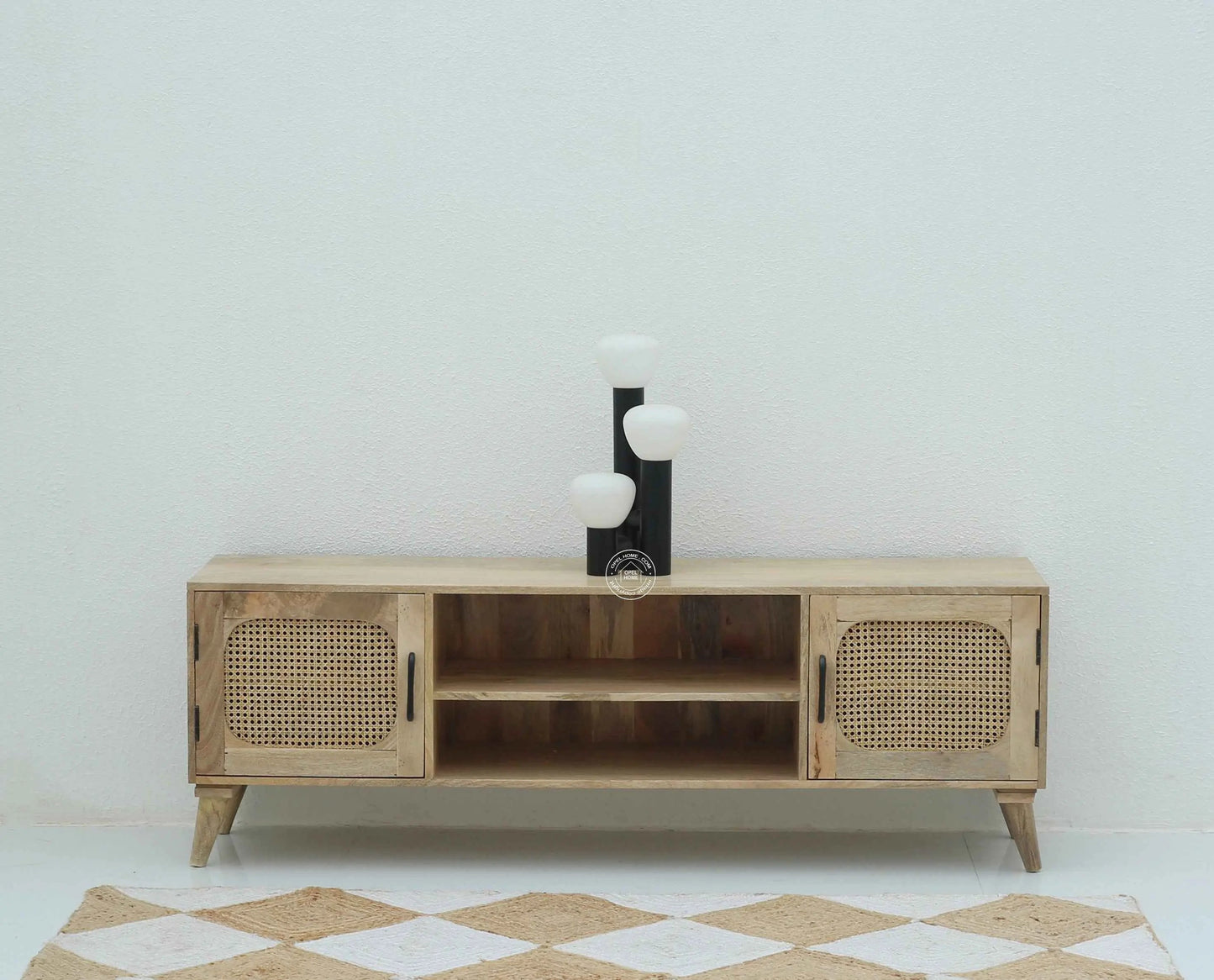 Emerson Rattan Doors TV Unit – Solid Mango Wood, Natural Finish, Media Console | Opelhome UAE