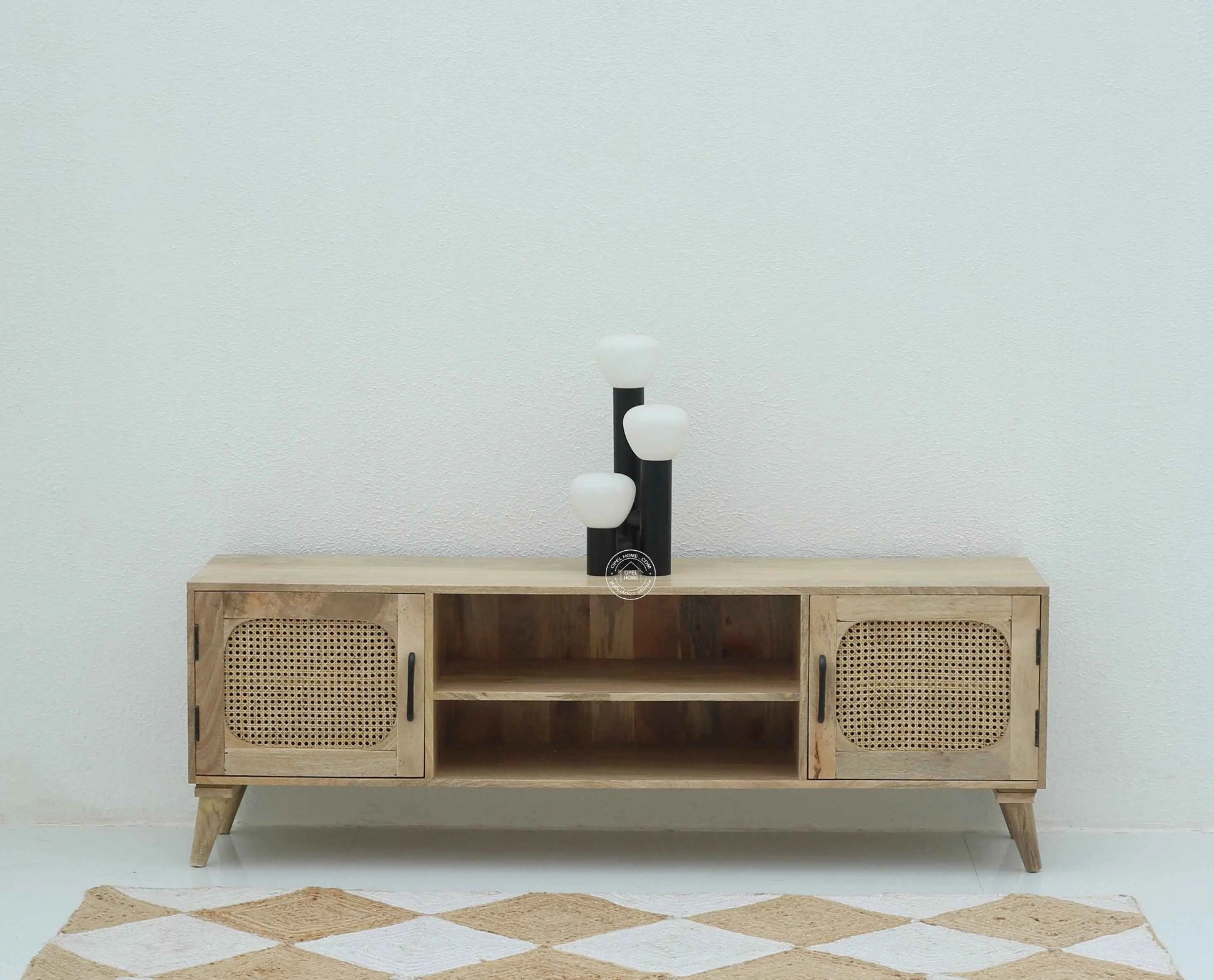 Emerson Rattan Doors TV Unit – Solid Mango Wood, Natural Finish, Media Console | Opelhome UAE