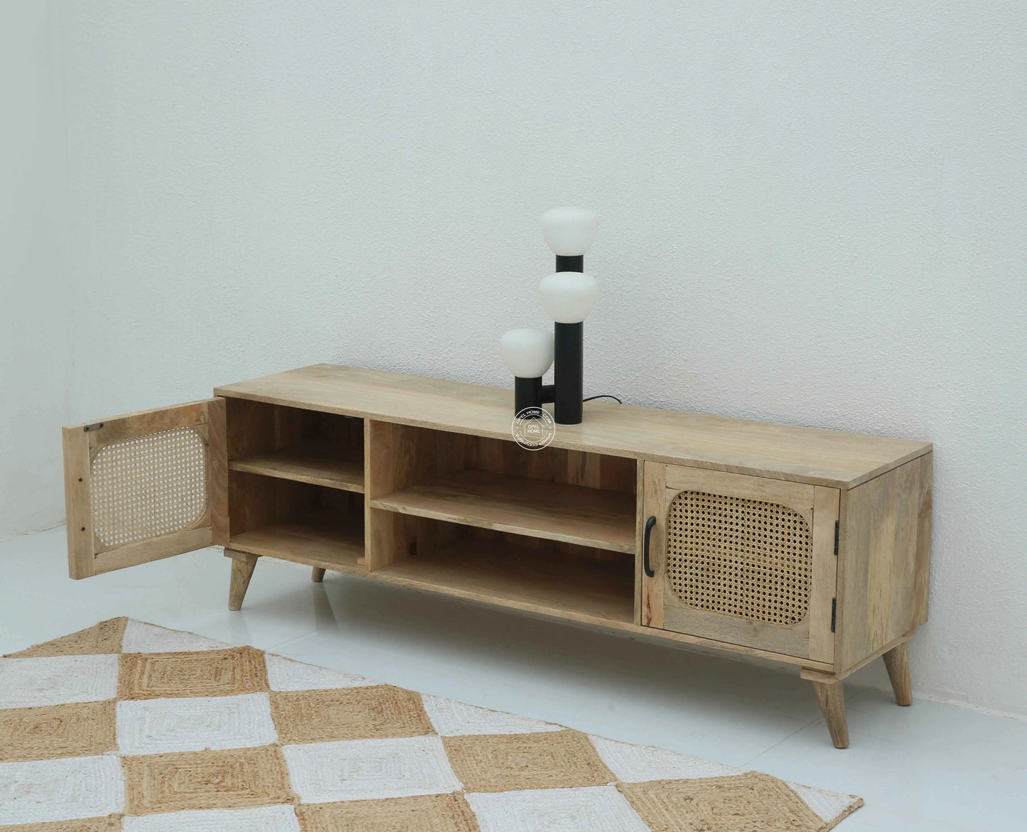 Emerson Rattan Doors TV Unit – Solid Mango Wood, Natural Finish, Media Console | Opelhome UAE