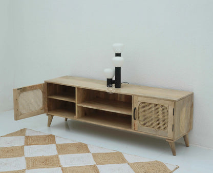 Emerson Rattan Doors TV Unit – Solid Mango Wood, Natural Finish, Media Console | Opelhome UAE