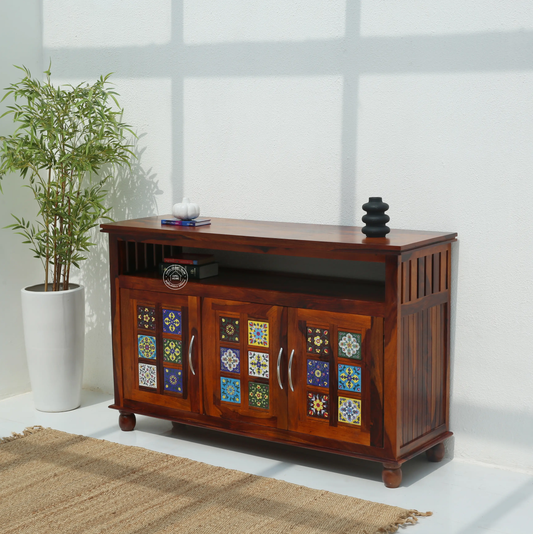 Erlene 3 Door Wooden Sideboard – Solid Rose Wood, Honey Finish | Opelhome UAE - Opelhome