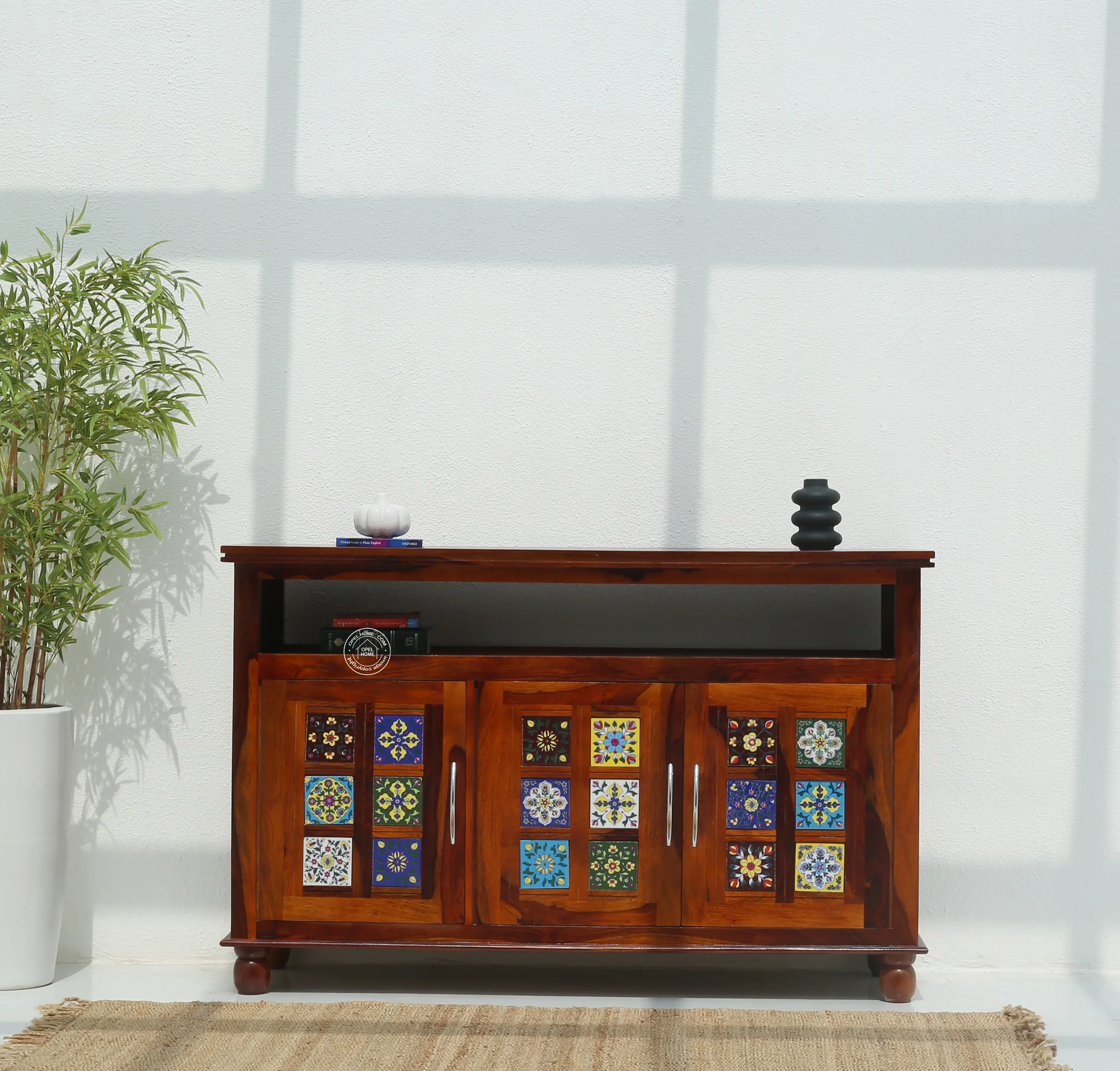 Erlene 3 Door Wooden Sideboard – Solid Rose Wood, Honey Finish | Opelhome UAE - Opelhome