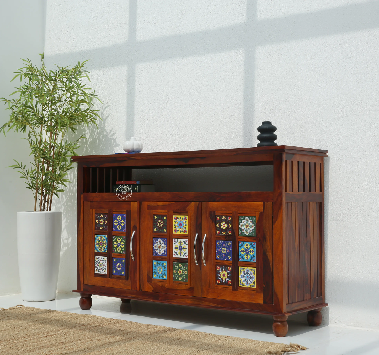 Erlene 3 Door Wooden Sideboard – Solid Rose Wood, Honey Finish | Opelhome UAE - Opelhome