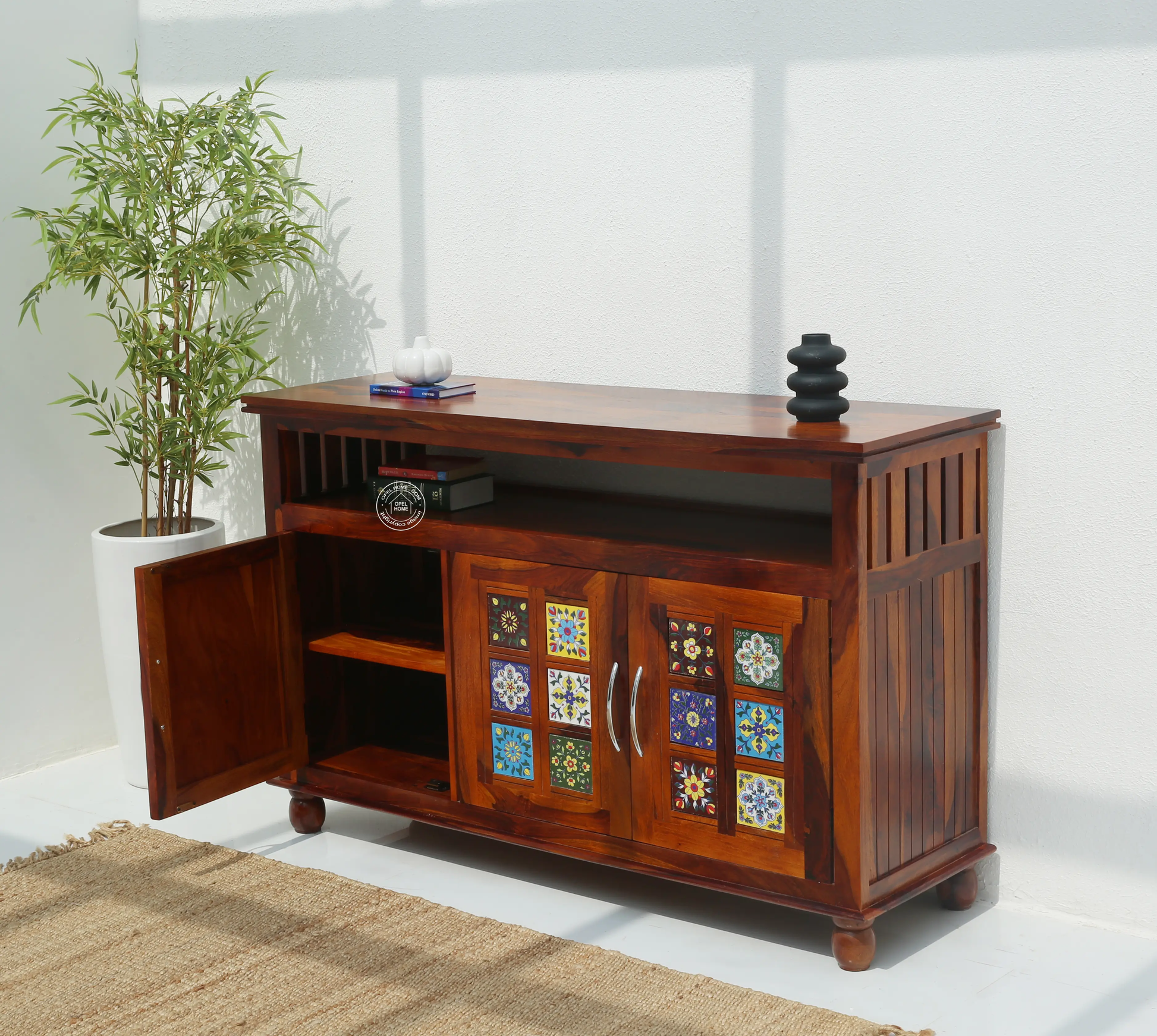 Erlene 3 Door Wooden Sideboard – Solid Rose Wood, Honey Finish | Opelhome UAE - Opelhome