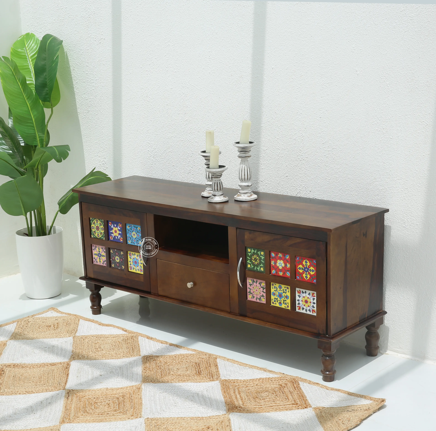 Erlene Wooden TV Unit – 2 Doors, Drawers, Solid Rosewood, Walnut Finish | Opelhome UAE - Opelhome