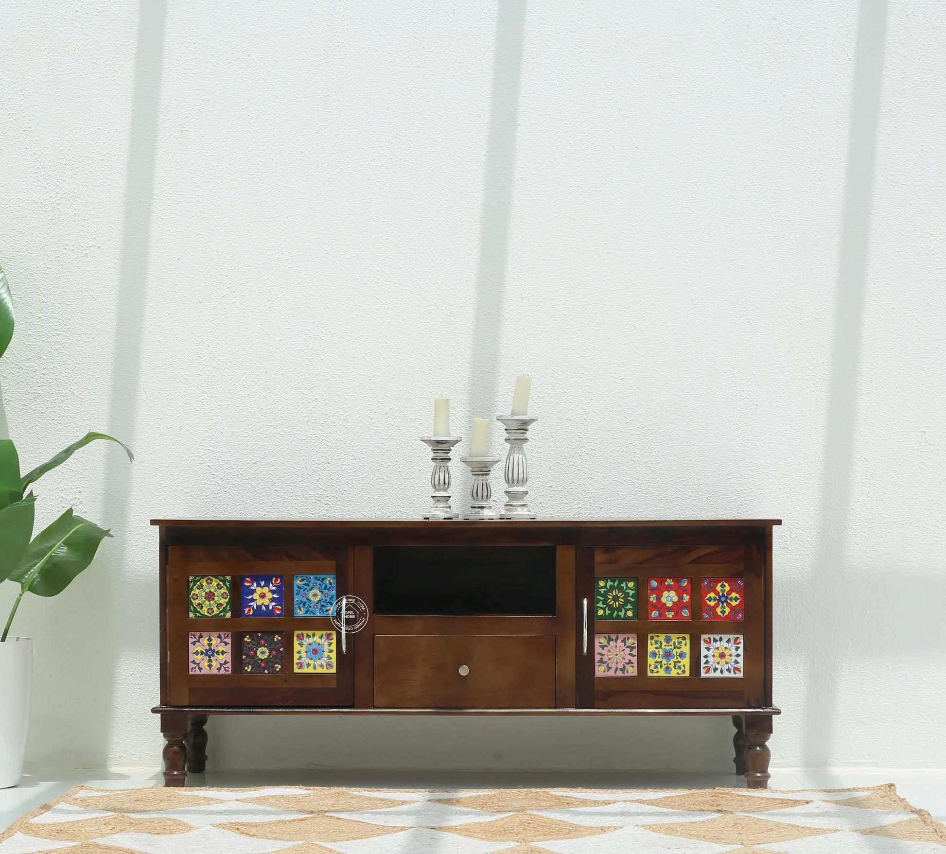 Erlene Wooden TV Unit – 2 Doors, Drawers, Solid Rosewood, Walnut Finish | Opelhome UAE - Opelhome