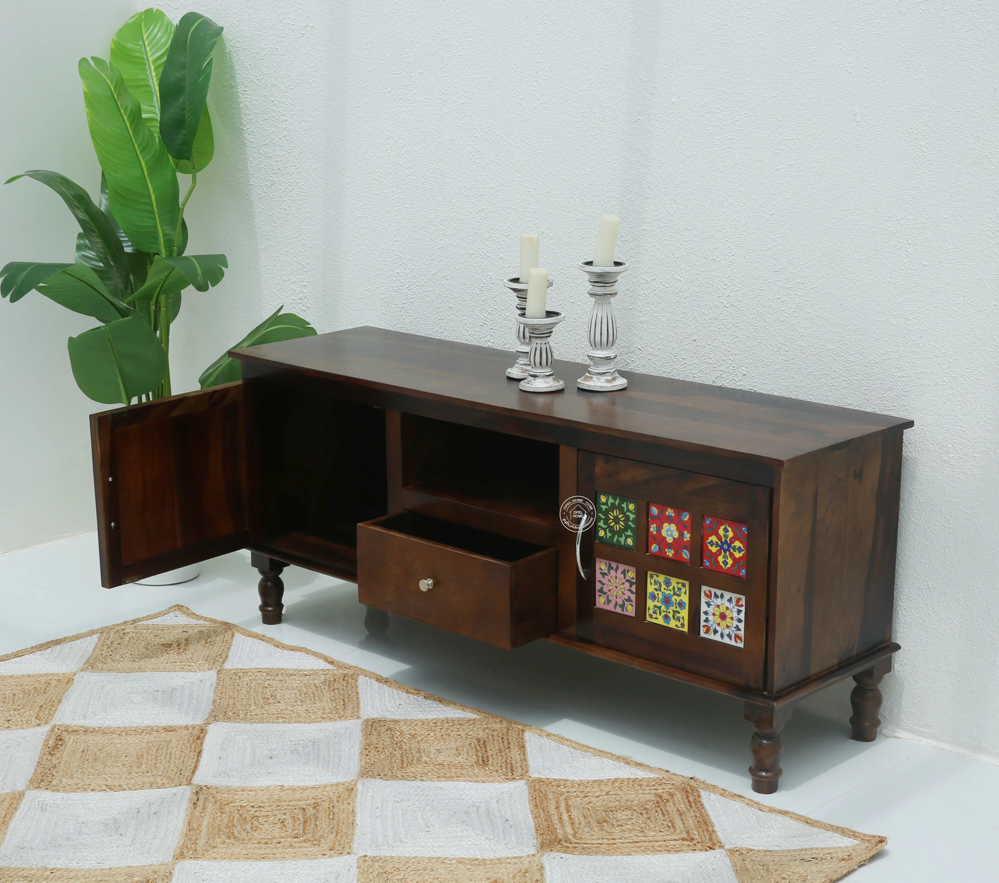 Erlene Wooden TV Unit – 2 Doors, Drawers, Solid Rosewood, Walnut Finish | Opelhome UAE - Opelhome