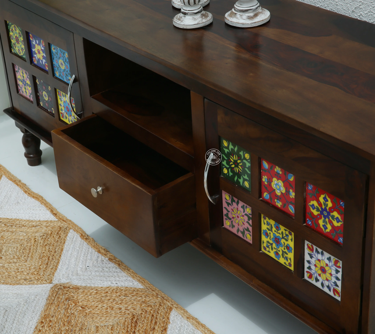 Erlene Wooden TV Unit – 2 Doors, Drawers, Solid Rosewood, Walnut Finish | Opelhome UAE - Opelhome