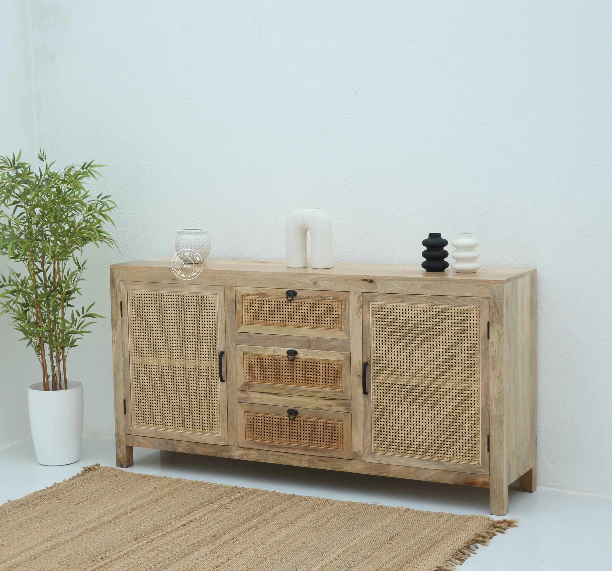 Evo Rattan Sideboard – 3 Drawers, 2 Doors, Solid Mango Wood, Natural Finish | Opelhome UAE