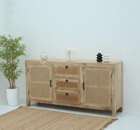 Evo Rattan Sideboard – 3 Drawers, 2 Doors, Solid Mango Wood, Natural Finish | Opelhome UAE