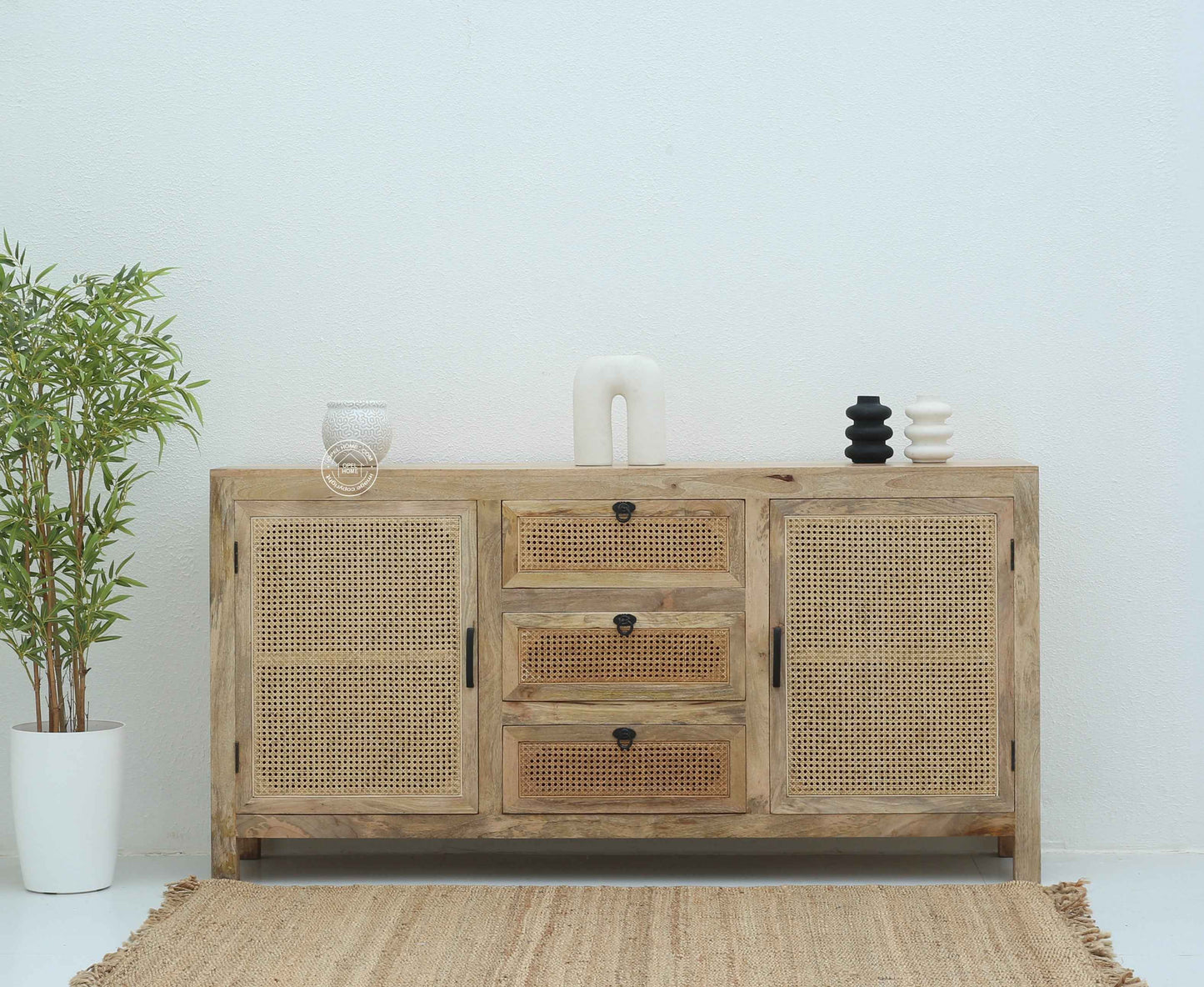 Evo Rattan Sideboard – 3 Drawers, 2 Doors, Solid Mango Wood, Natural Finish | Opelhome UAE