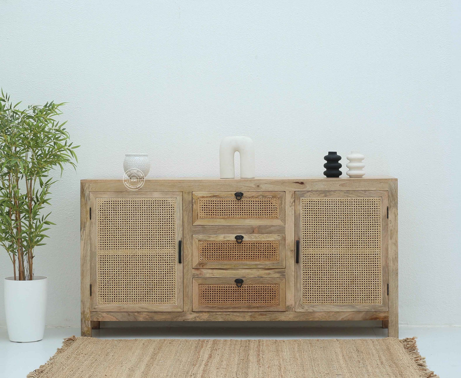 Evo Rattan Sideboard – 3 Drawers, 2 Doors, Solid Mango Wood, Natural Finish | Opelhome UAE