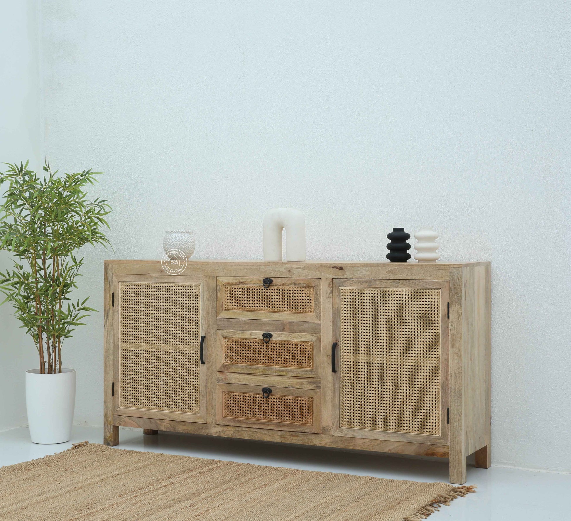 Evo Rattan Sideboard – 3 Drawers, 2 Doors, Solid Mango Wood, Natural Finish | Opelhome UAE