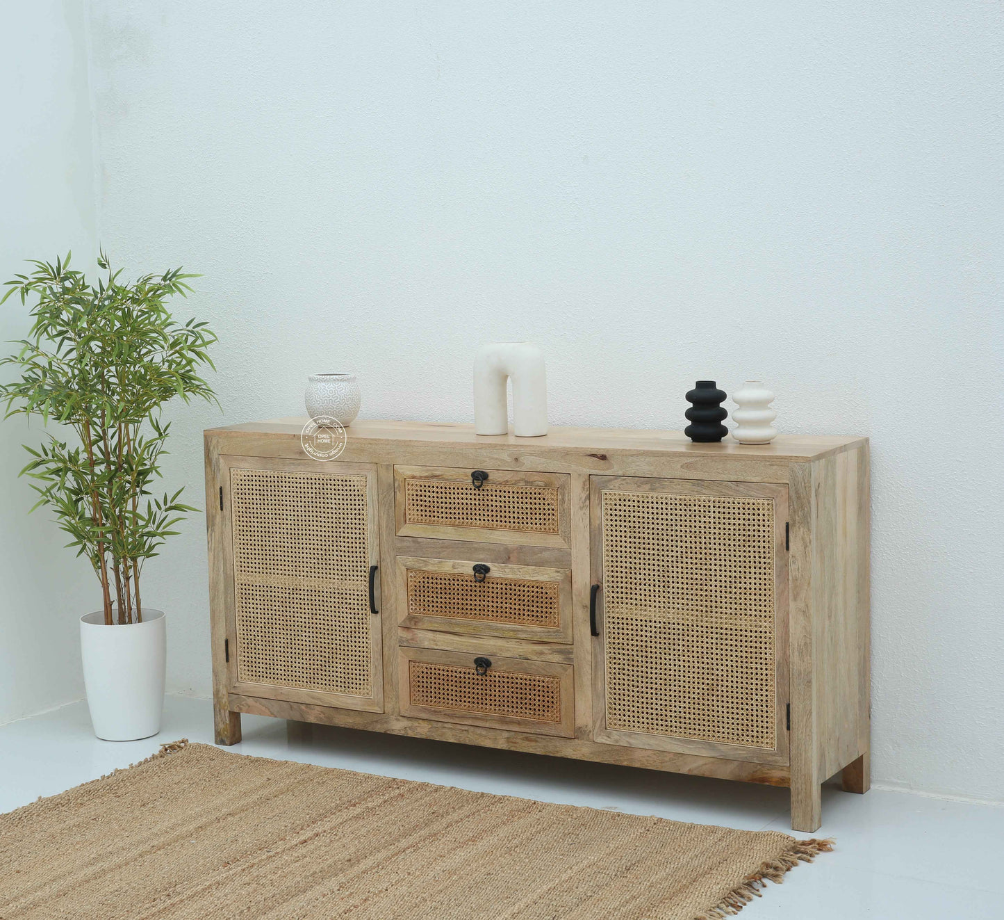 Evo Rattan Sideboard – 3 Drawers, 2 Doors, Solid Mango Wood, Natural Finish | Opelhome UAE