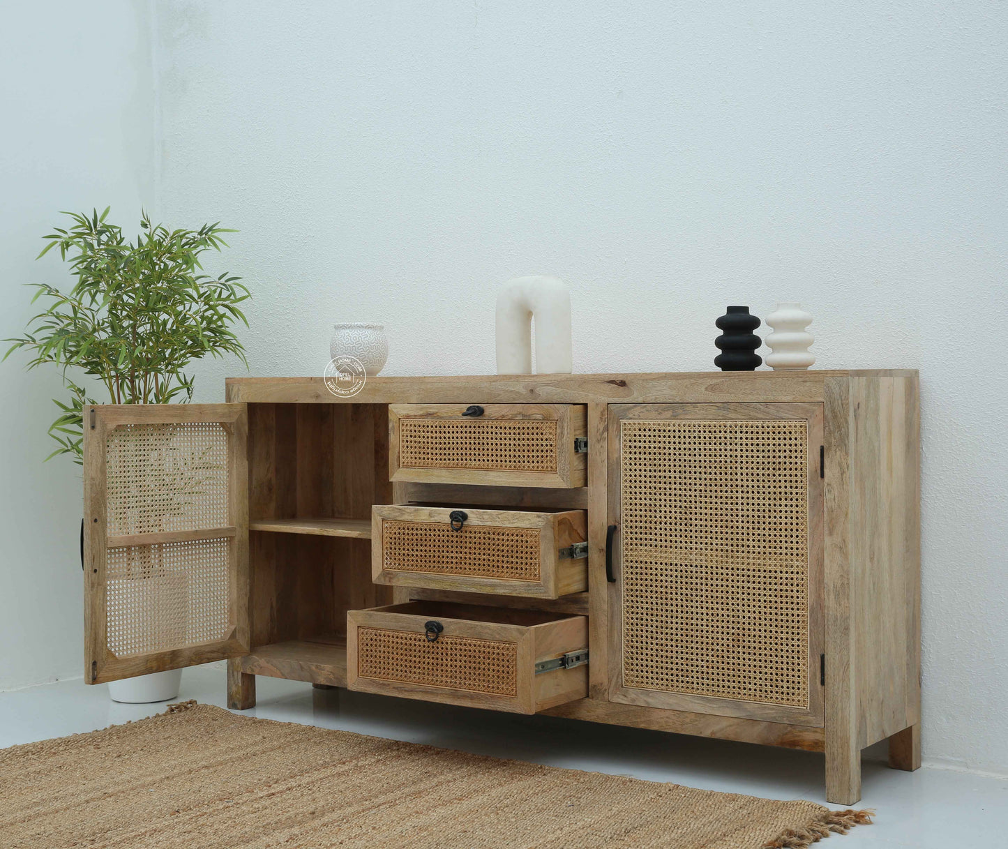 Evo Rattan Sideboard – 3 Drawers, 2 Doors, Solid Mango Wood, Natural Finish | Opelhome UAE
