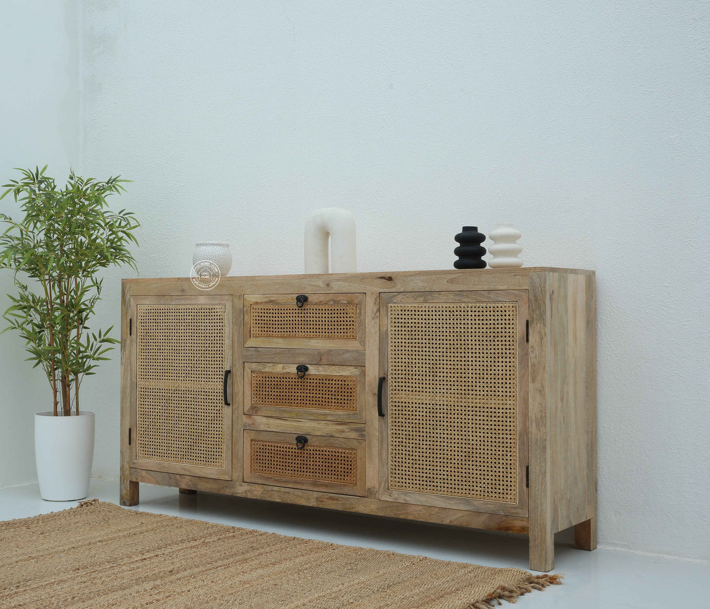 Evo Rattan Sideboard – 3 Drawers, 2 Doors, Solid Mango Wood, Natural Finish | Opelhome UAE