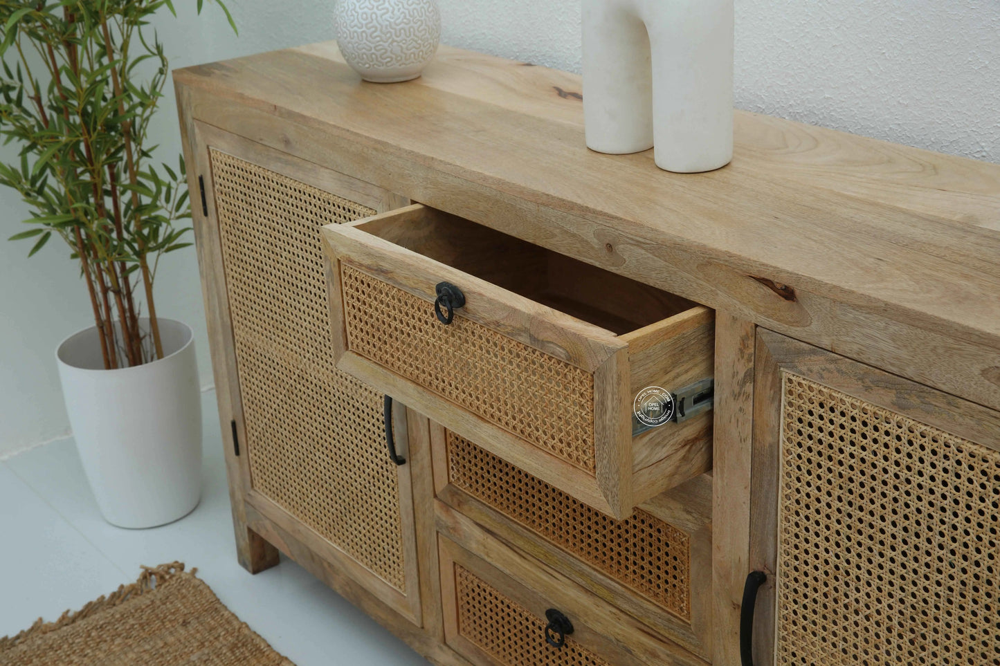 Evo Rattan Sideboard – 3 Drawers, 2 Doors, Solid Mango Wood, Natural Finish | Opelhome UAE