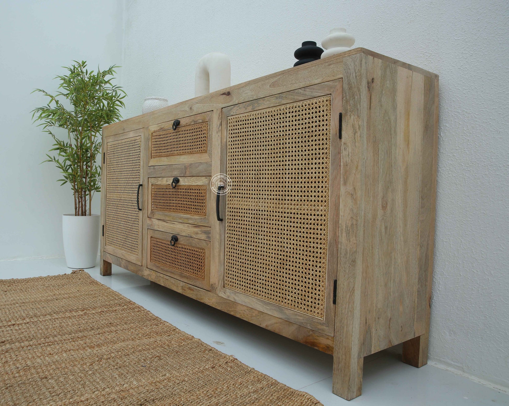 Evo Rattan Sideboard – 3 Drawers, 2 Doors, Solid Mango Wood, Natural Finish | Opelhome UAE