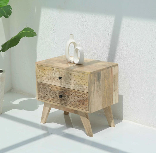 Evrin Carved Bedside Table – Solid Mango Wood, Natural Finish | Opelhome UAE