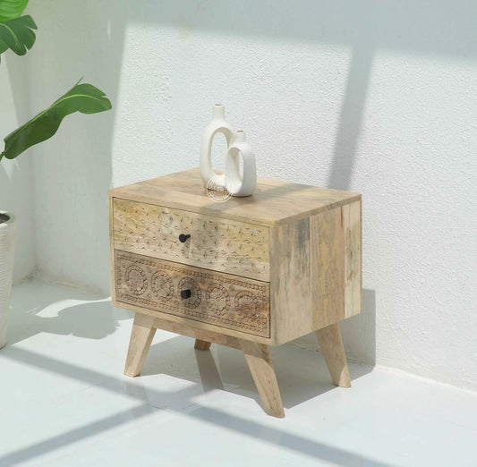 Evrin Carved Bedside Table – Solid Mango Wood, Natural Finish | Opelhome UAE