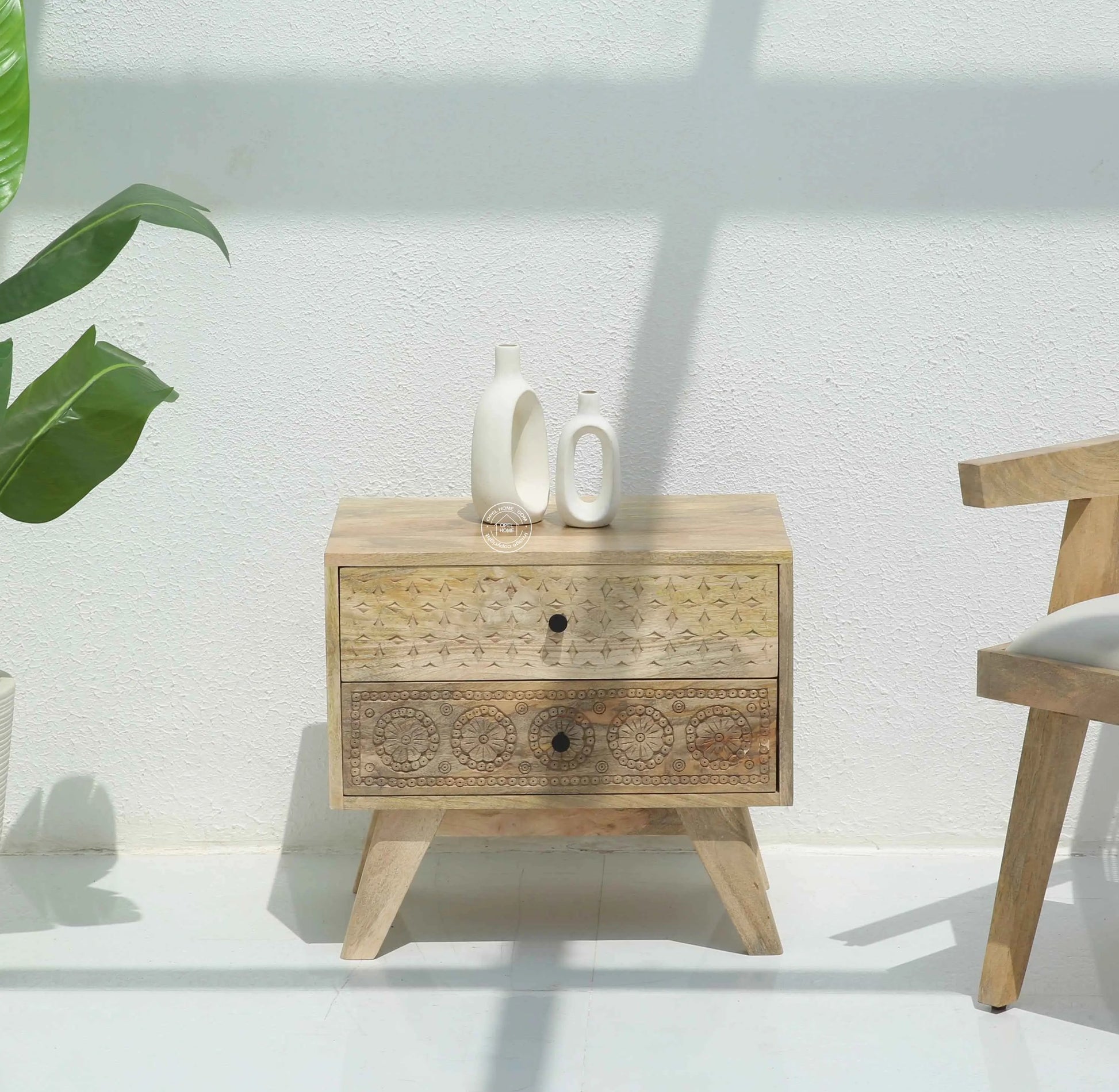 Evrin Carved Bedside Table – Solid Mango Wood, Natural Finish | Opelhome UAE