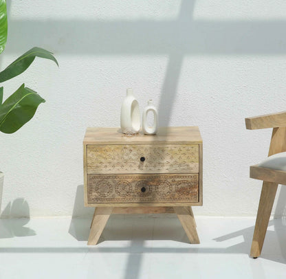 Evrin Carved Bedside Table – Solid Mango Wood, Natural Finish | Opelhome UAE
