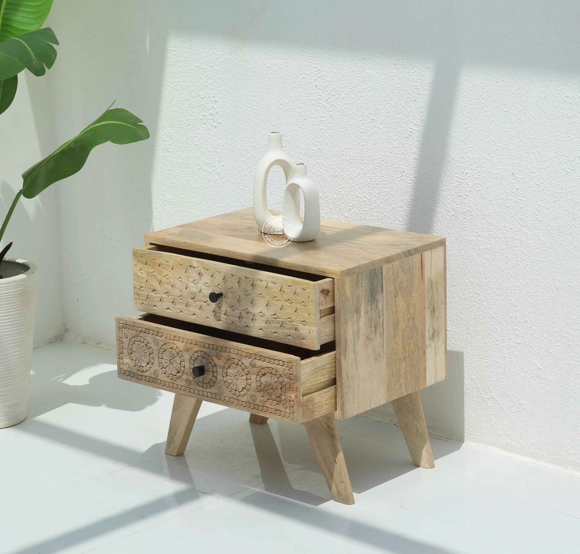 Evrin Carved Bedside Table – Solid Mango Wood, Natural Finish | Opelhome UAE