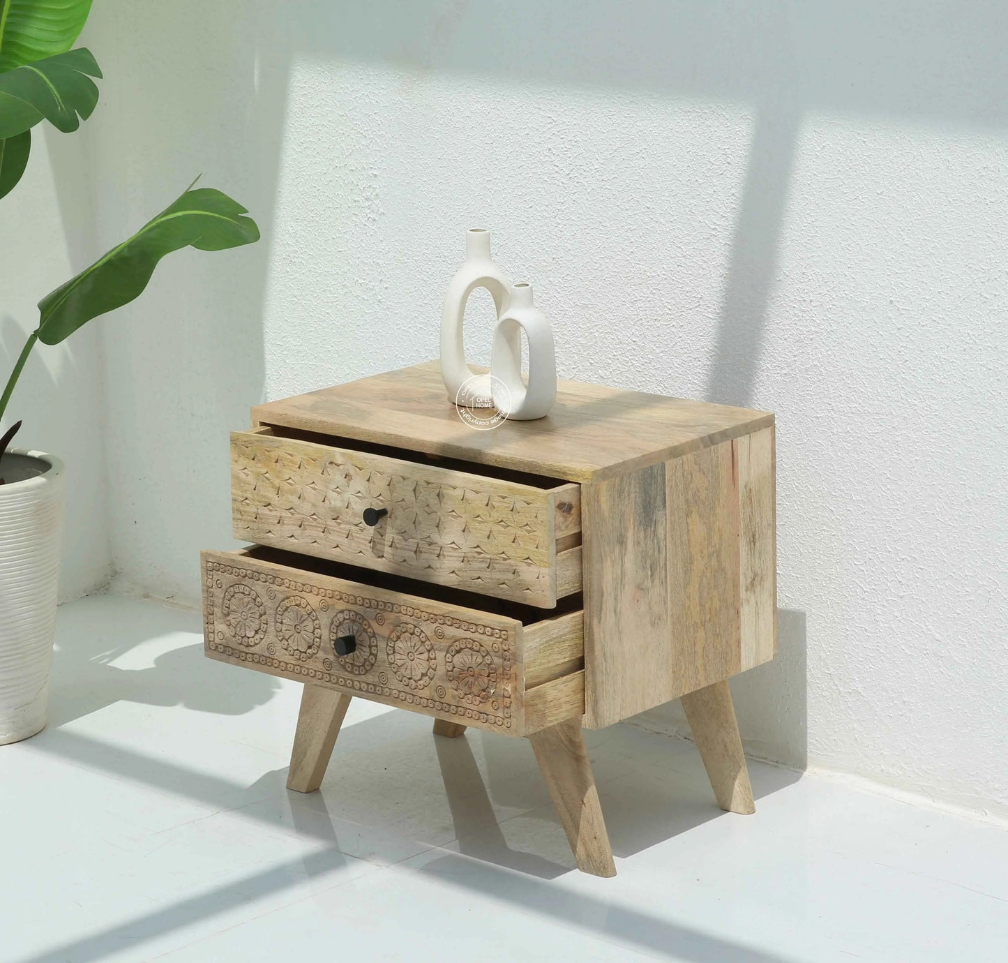 Evrin Carved Bedside Table – Solid Mango Wood, Natural Finish | Opelhome UAE