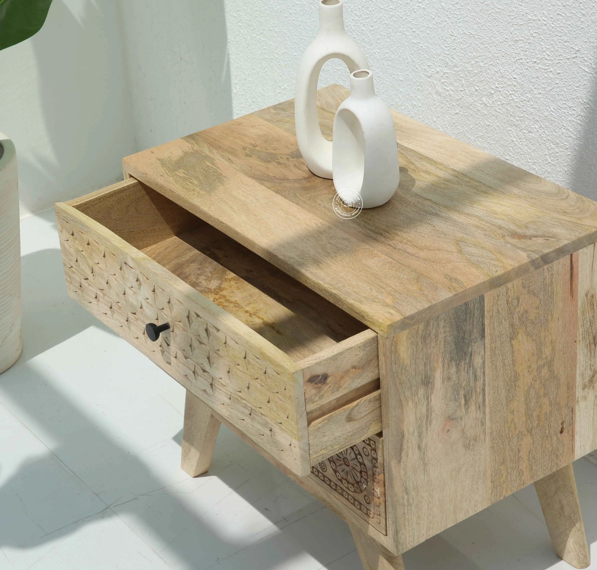 Evrin Carved Bedside Table – Solid Mango Wood, Natural Finish | Opelhome UAE