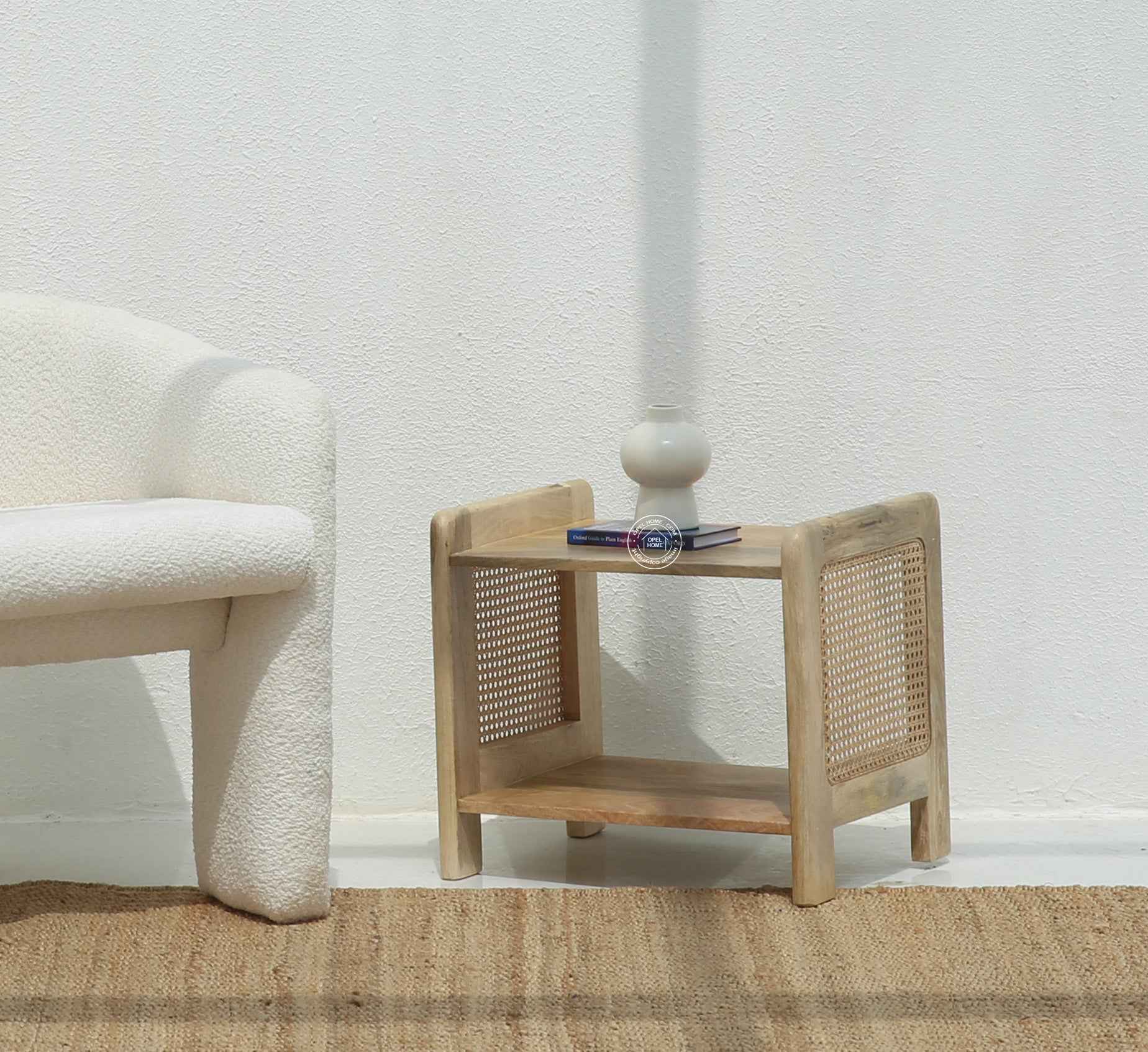 Fair Rattan Side Table – 2 Shelves, Solid Mango Wood, Natural Finish | Opelhome UAE