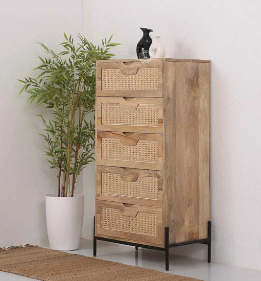 Farlin Rattan Cabinet – 5 Drawers, Solid Mango Wood, Natural Finish | Opelhome UAE