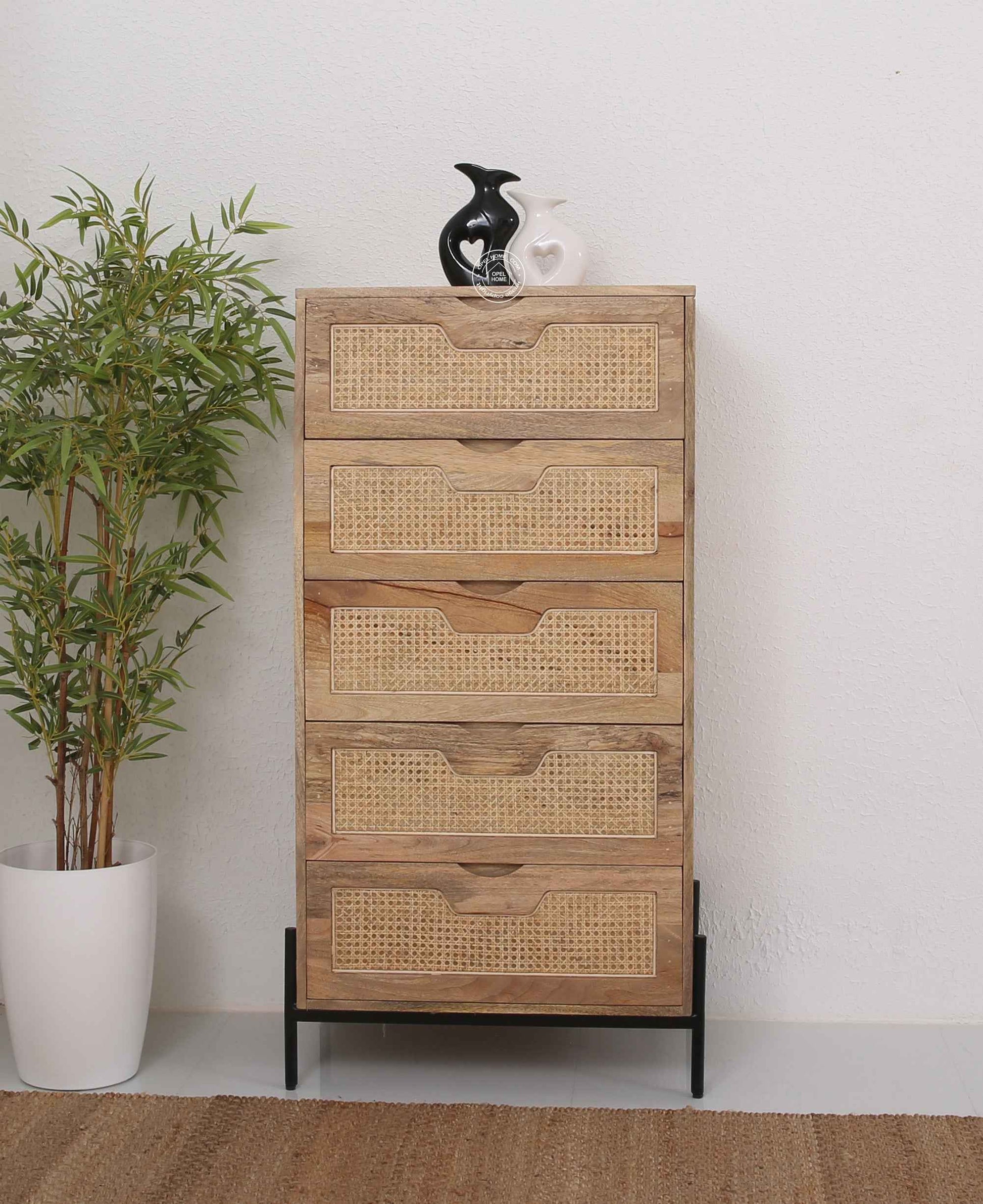 Farlin Rattan Cabinet – 5 Drawers, Solid Mango Wood, Natural Finish | Opelhome UAE