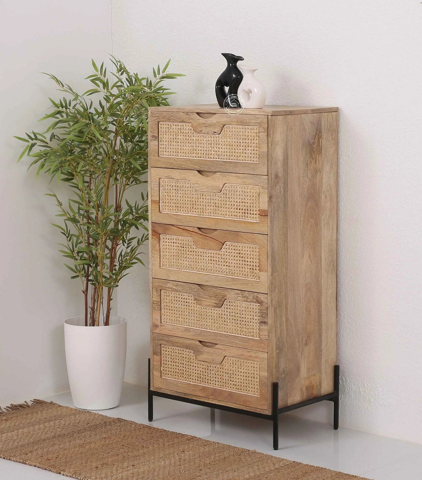 Farlin Rattan Cabinet – 5 Drawers, Solid Mango Wood, Natural Finish | Opelhome UAE
