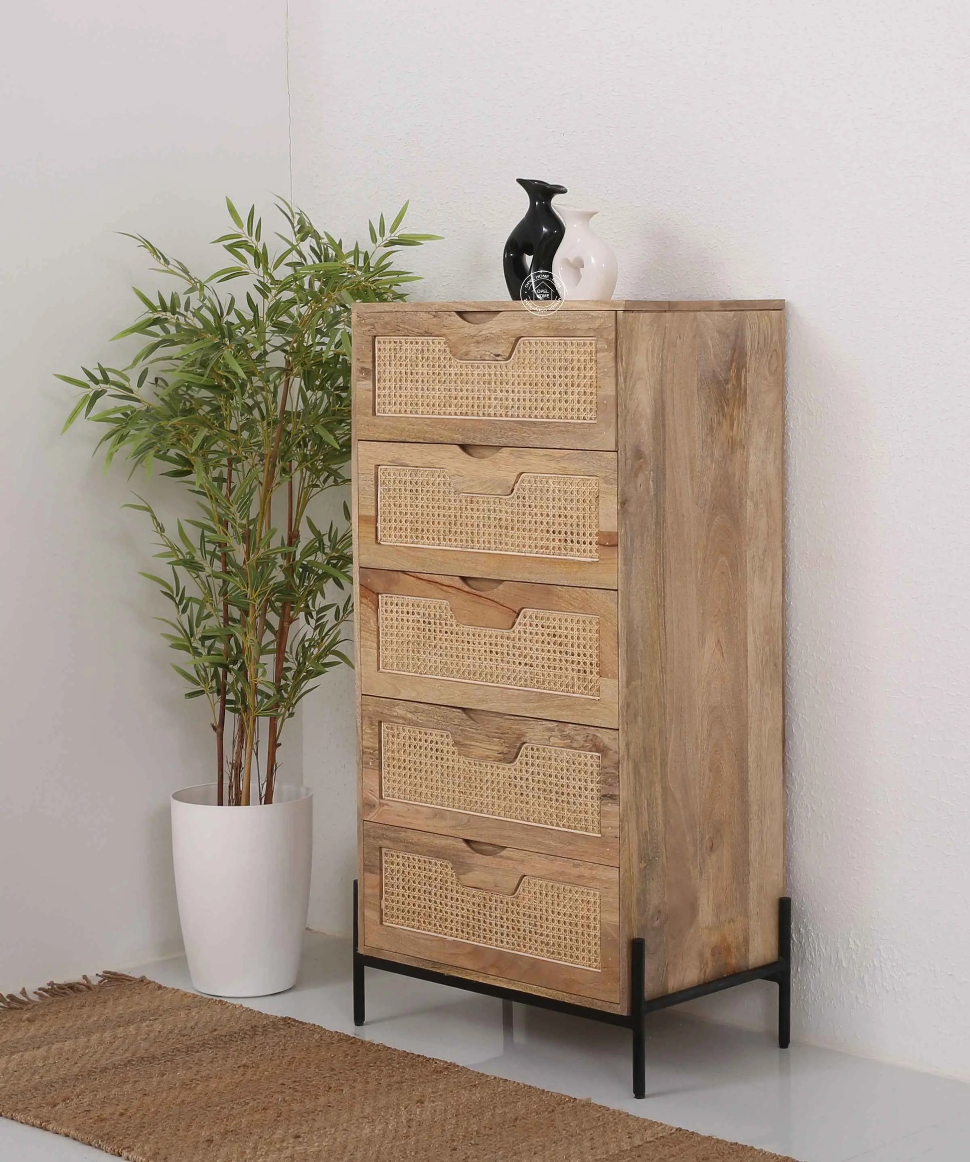 Farlin Rattan Cabinet – 5 Drawers, Solid Mango Wood, Natural Finish | Opelhome UAE