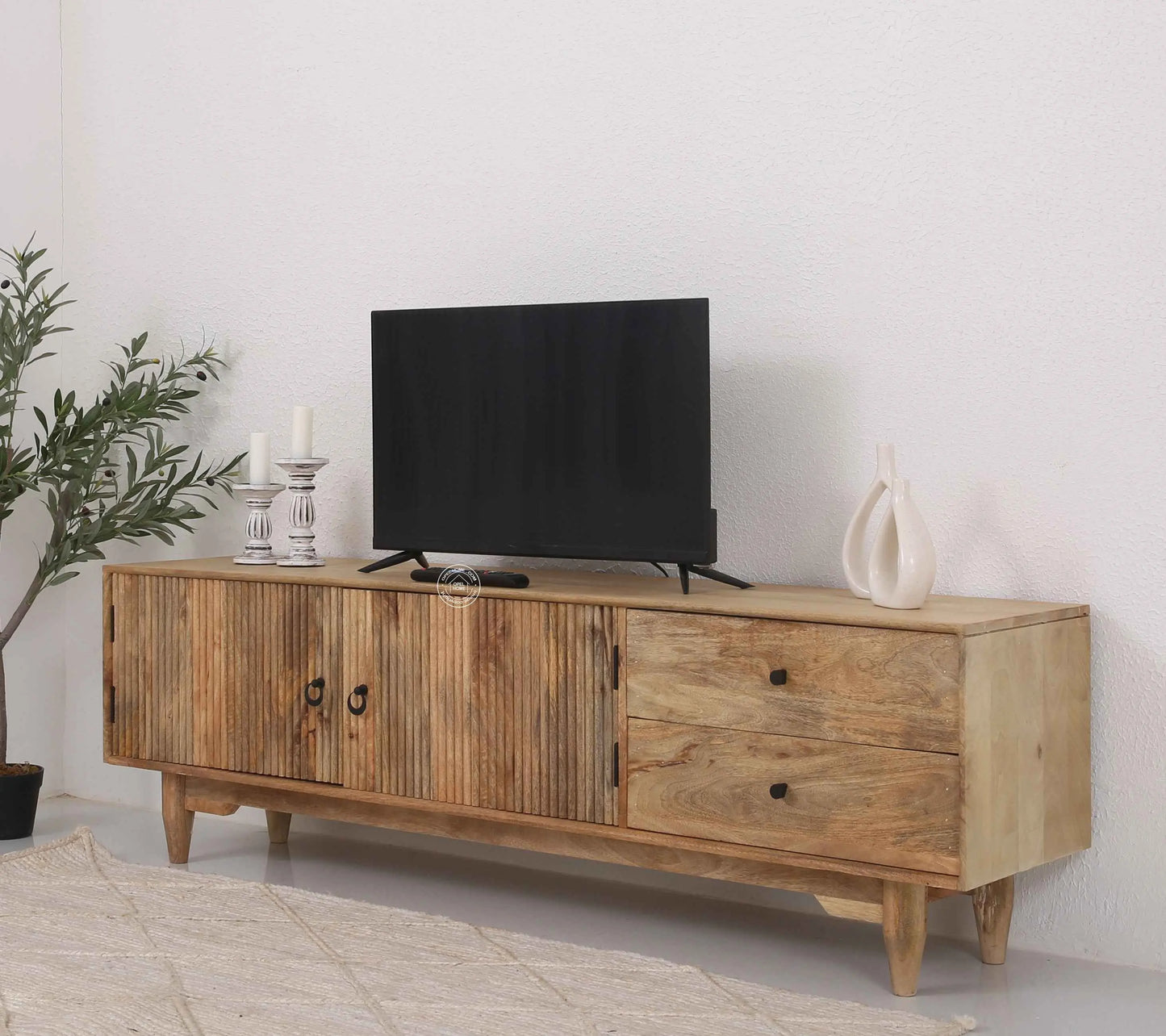 Forest Wooden Slat Door Media Unit – Solid Mango Wood, Natural Finish | Opelhome UAE
