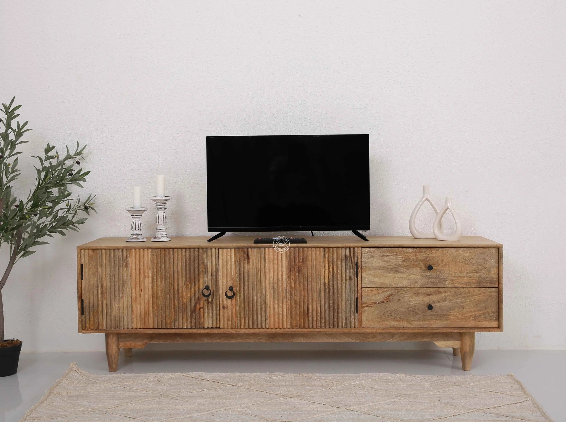 Forest Wooden Slat Door Media Unit – Solid Mango Wood, Natural Finish | Opelhome UAE